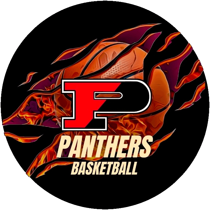 Pomona Panthers basketball emblem: a block letter P in front of a flaming basketball